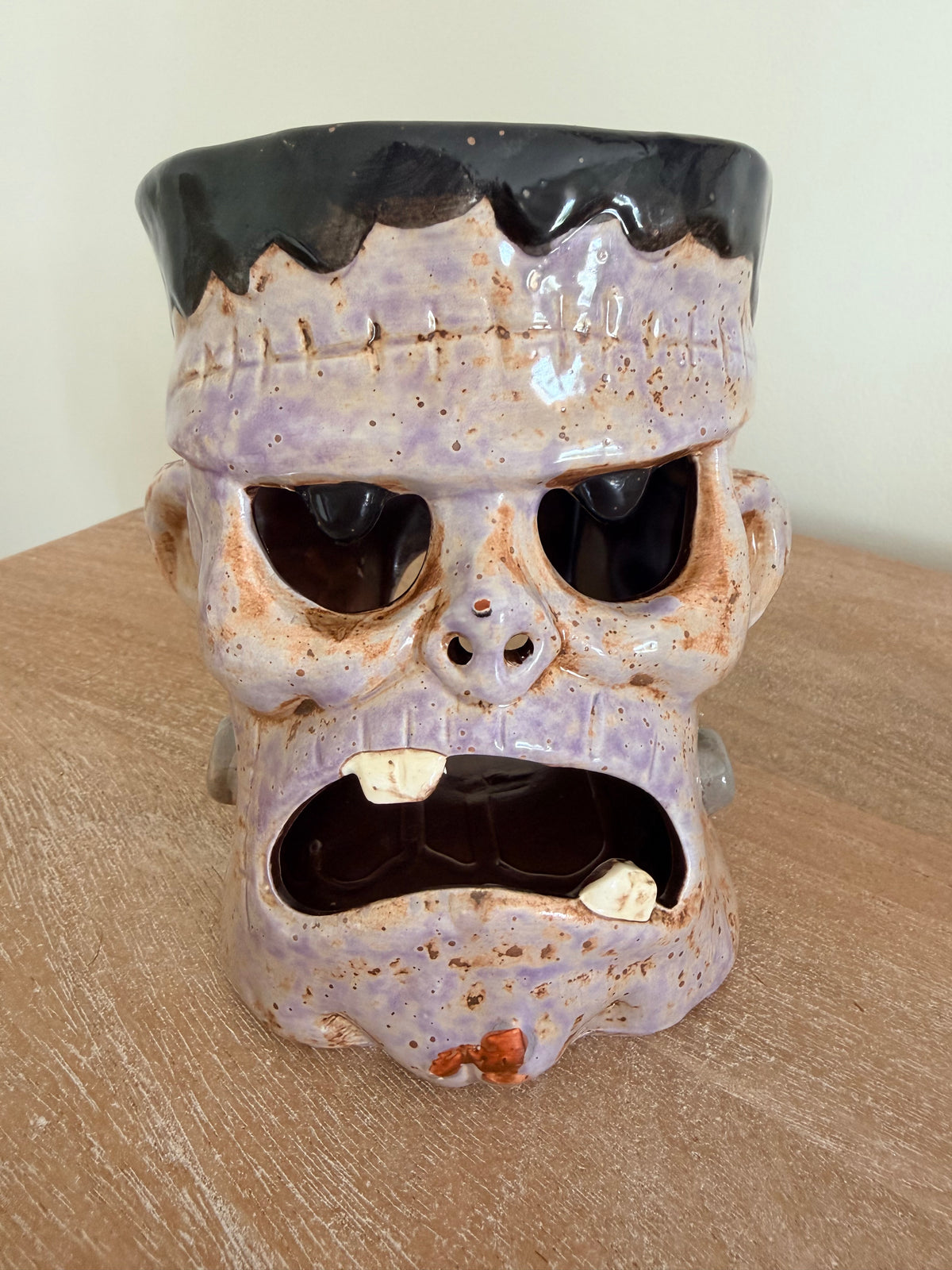 Whimsical Ceramic Monster Head 6.5” Fun Halloween Tea Light Holder Tabletop Decor