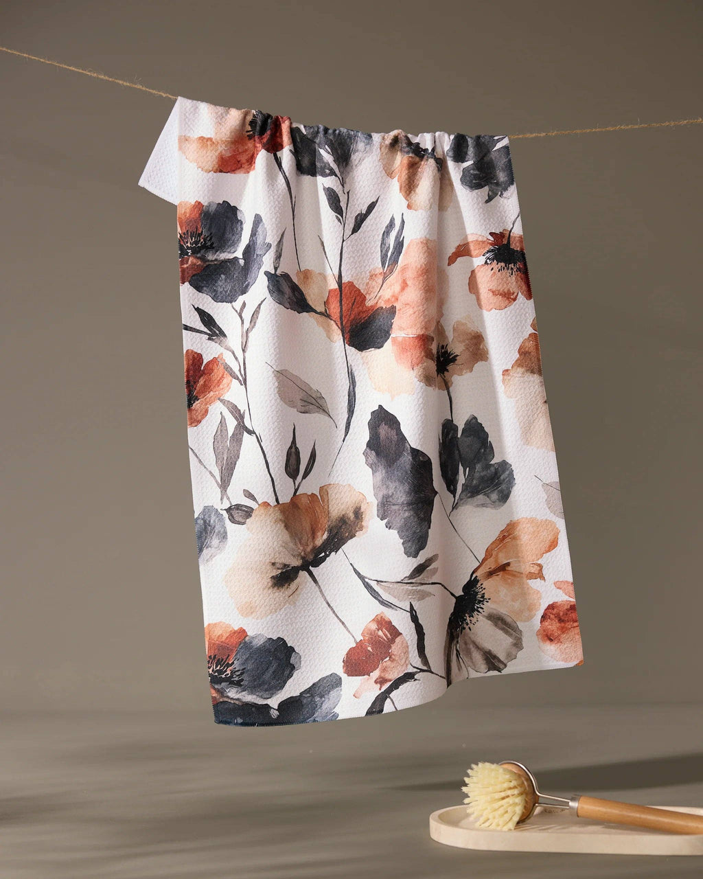 Moody Poppy Geometry Kitchen Tea Towel Watercolor Floral 18 x 30