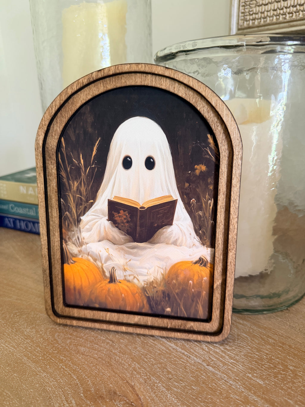 Whimsical Ghost Reading Book Arch Wood Frame Art Print 6 x 8 Cute Halloween