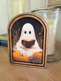 Whimsical Ghost Reading Book Arch Wood Frame Art Print 6 x 8 Cute Halloween