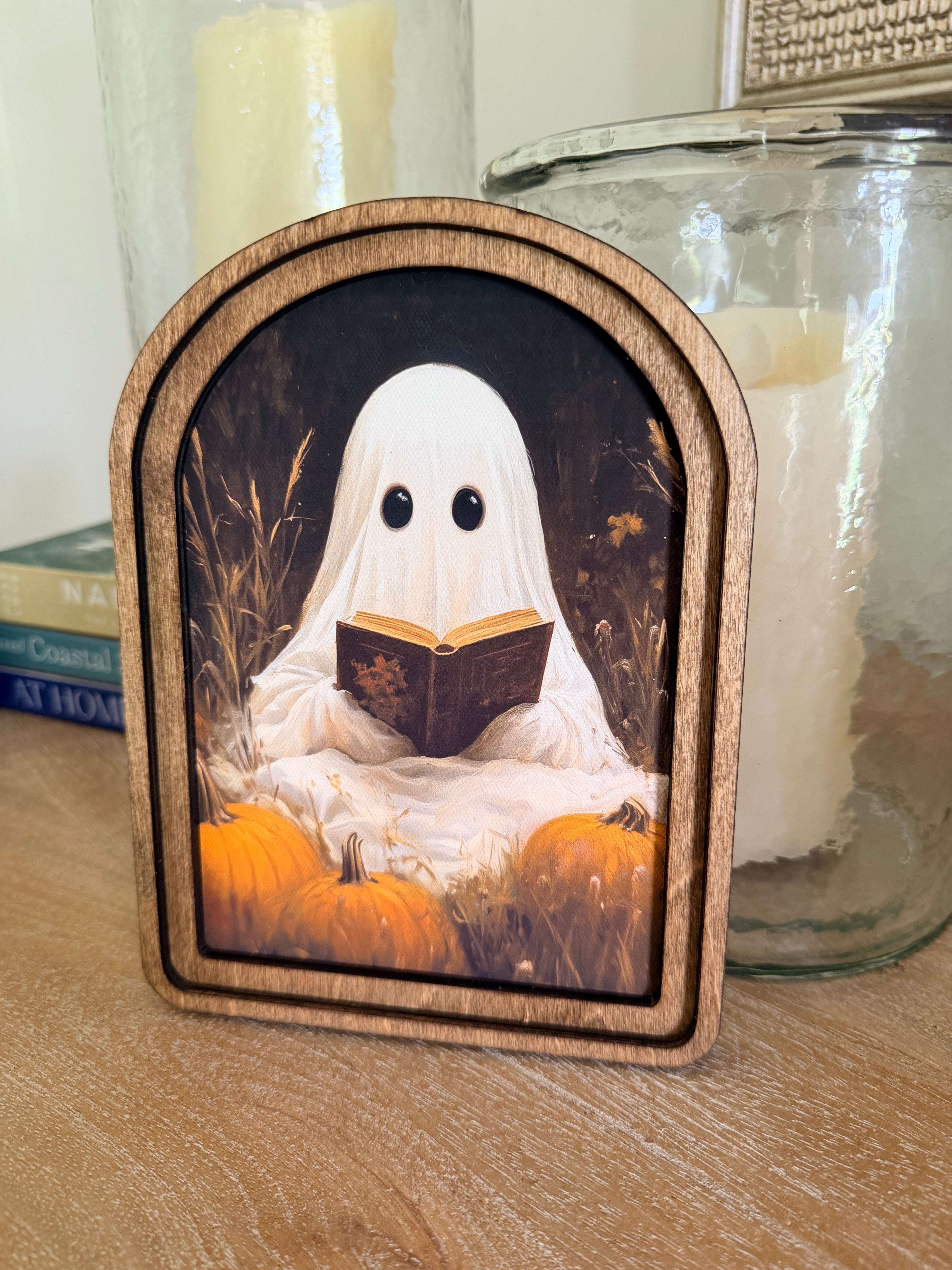 Whimsical Ghost Reading Book Arch Wood Frame Art Print 6 x 8 Cute Halloween