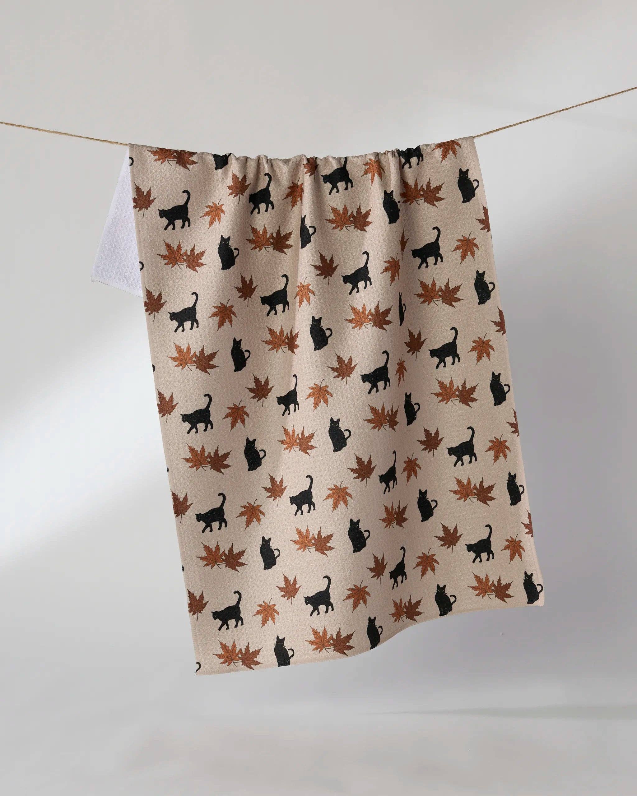 Salem Woods Black Cat Geometry Kitchen Tea Towel Fall Leaf Print 18 x 30