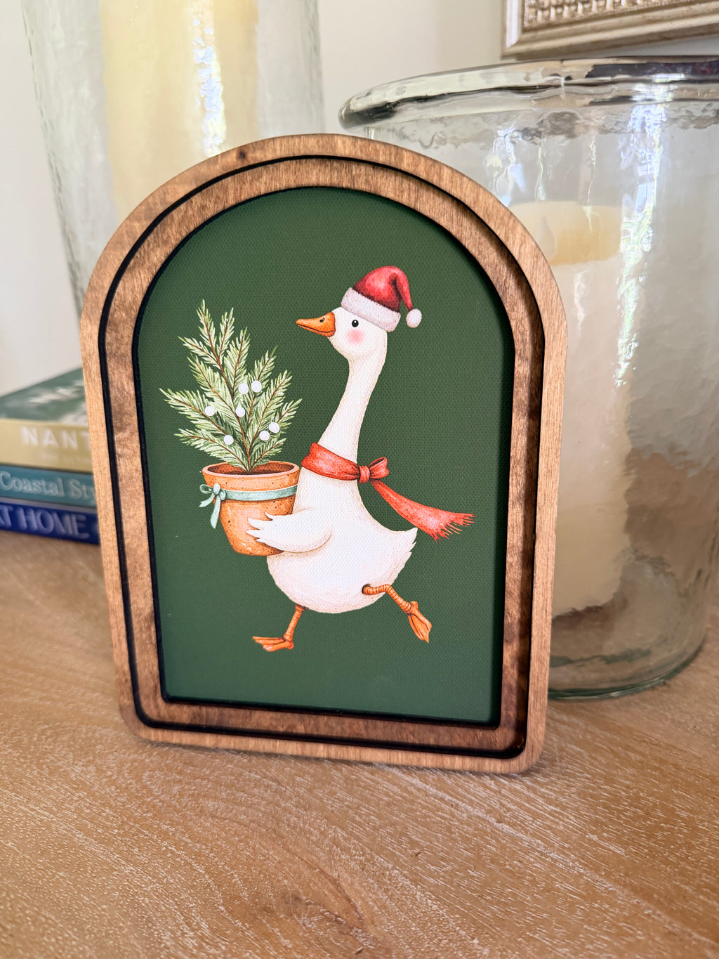 Christmas Goose With Tree Green Background Arch Wood Frame Art Print 6 x 8 Whimsical Holiday Decor