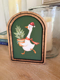 Christmas Goose With Tree Green Background Arch Wood Frame Art Print 6 x 8 Whimsical Holiday Decor