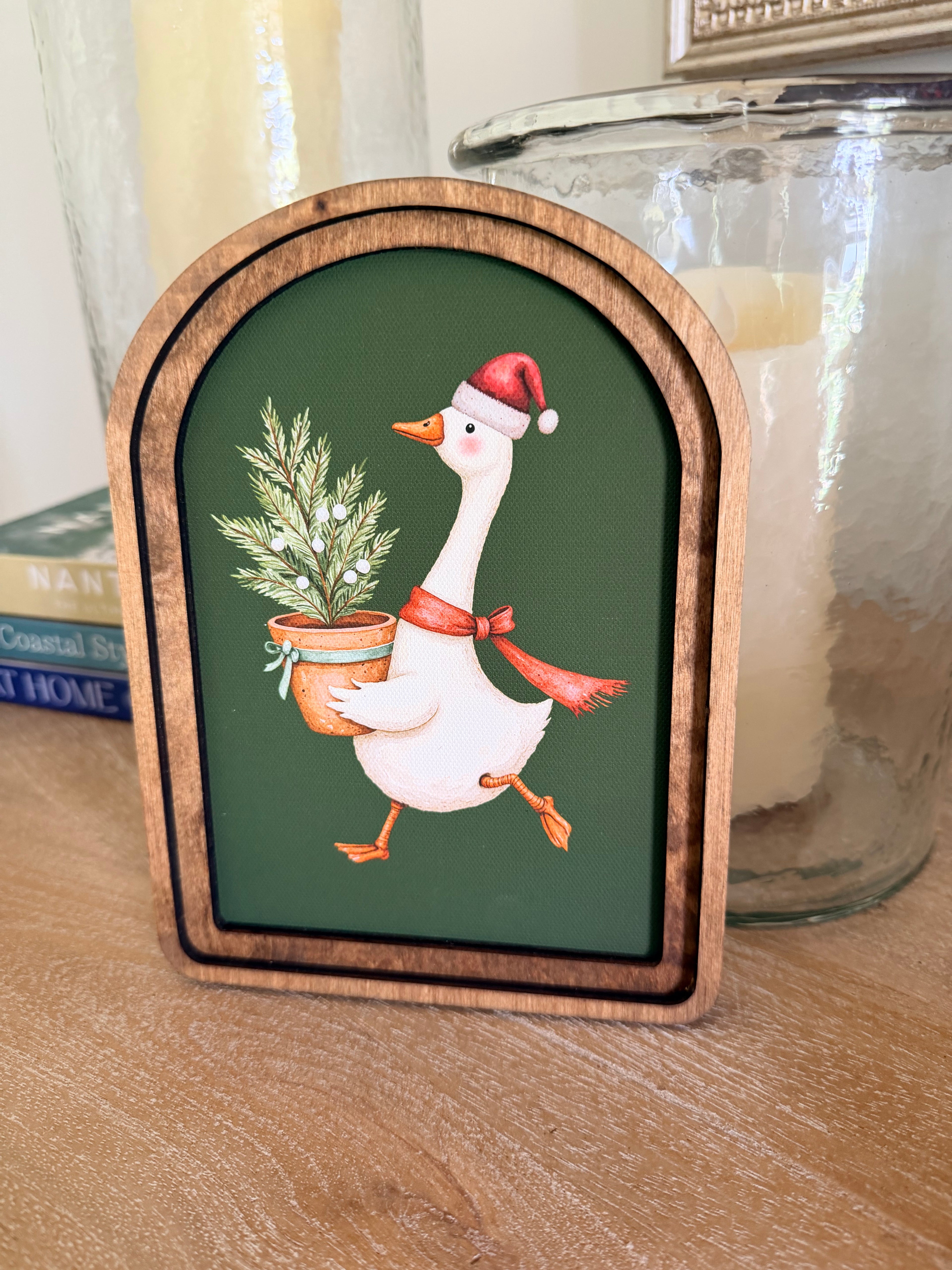 Christmas Goose With Tree Green Background Arch Wood Frame Art Print 6 x 8 Whimsical Holiday Decor