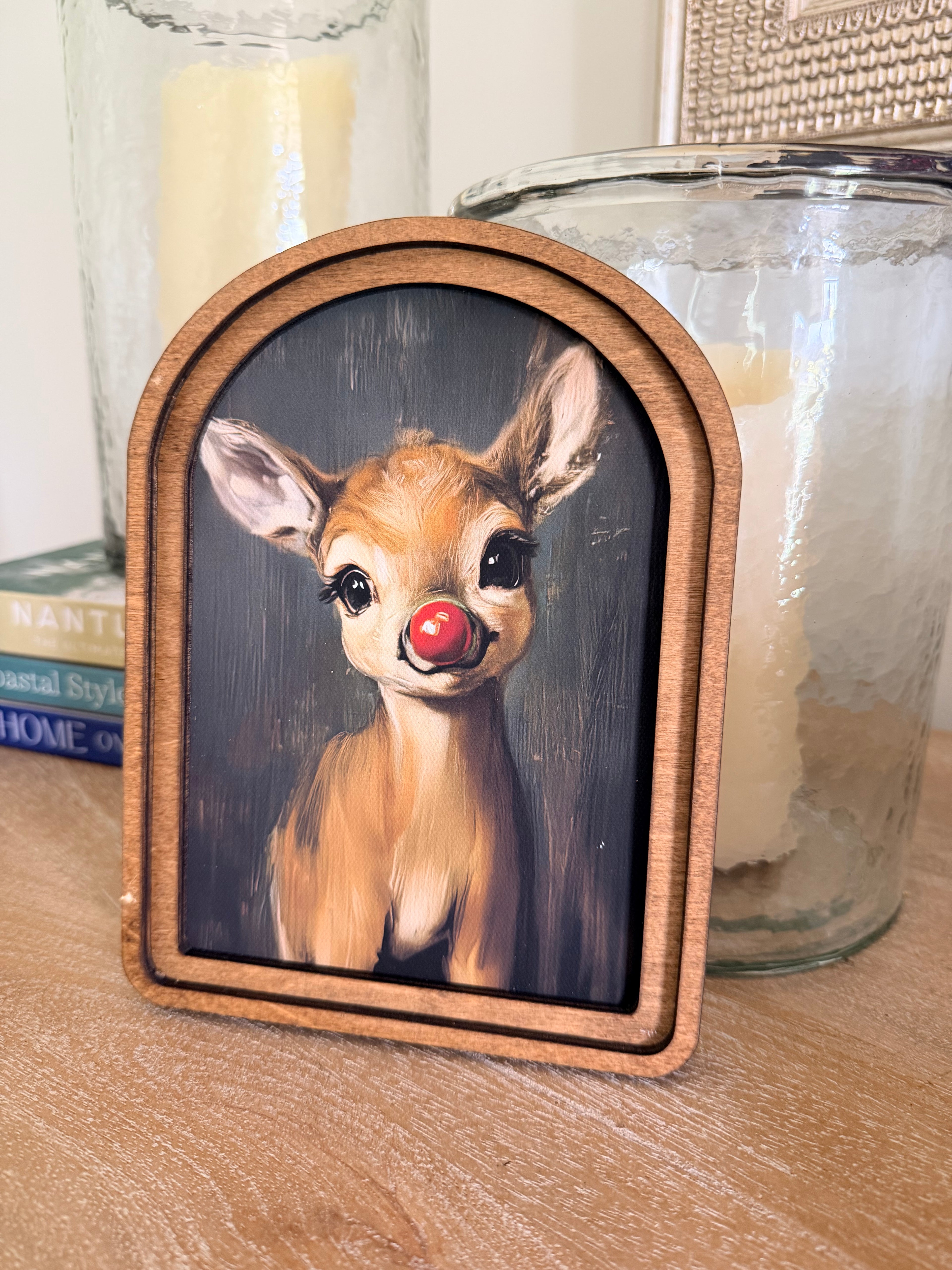 Rudolph Red Nosed Reindeer Arch Wood Frame Art Print 6 x 8 Christmas Decor