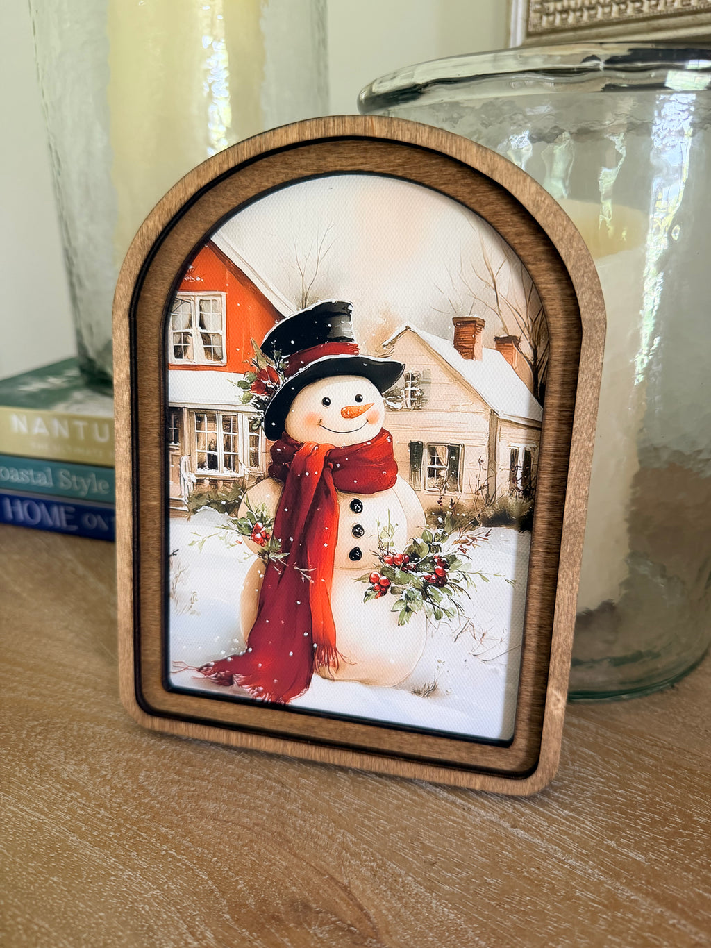Country Snowman Arch Wood Frame Art Print 6 x 8 Vintage Style Christmas Village
