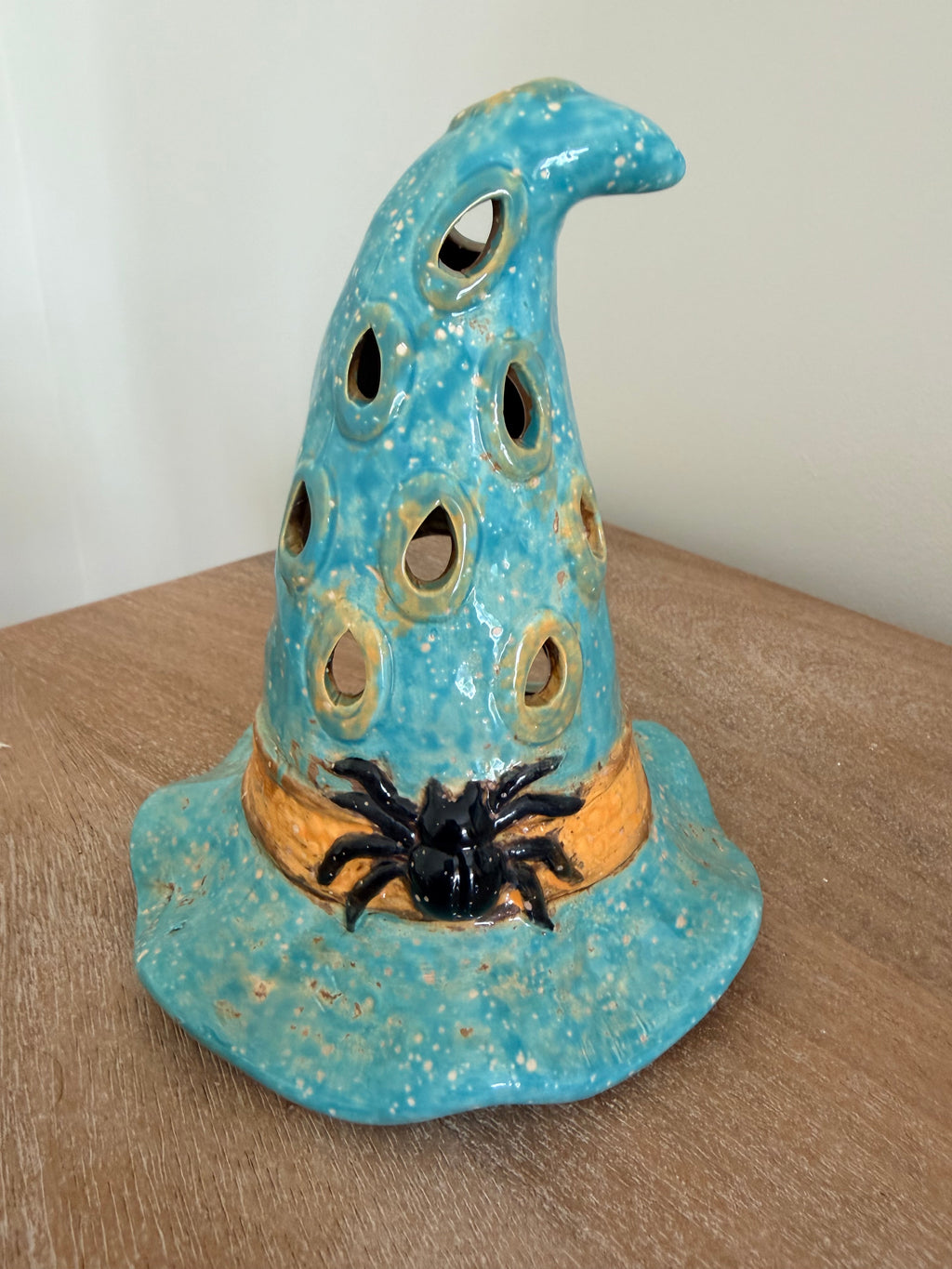 Whimsical Ceramic Witch Hat Luminary 7” Halloween Candle Holder Tabletop Decor