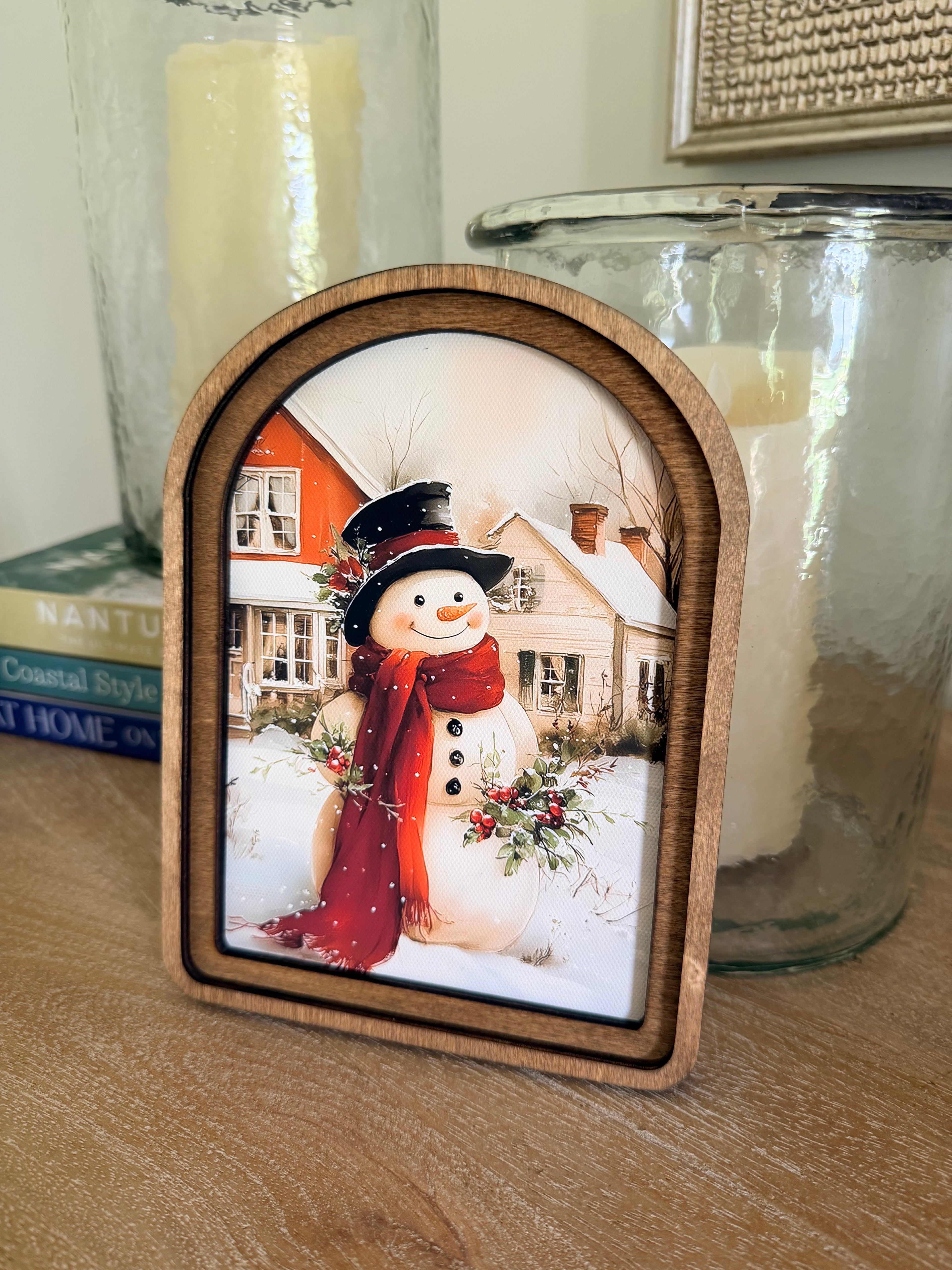 Country Snowman Arch Wood Frame Art Print 6 x 8 Vintage Style Christmas Village