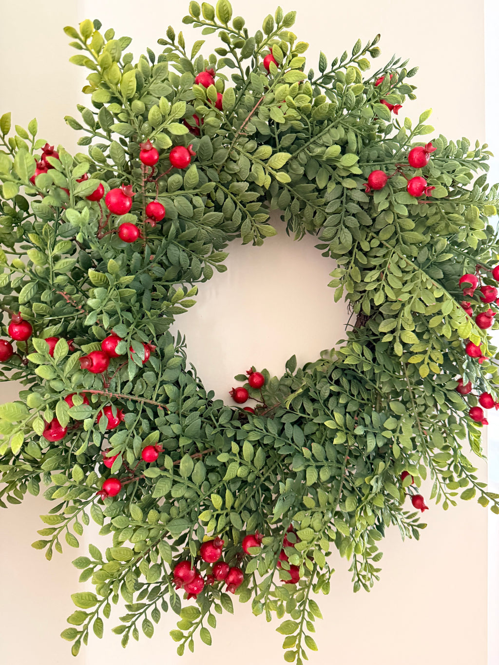 Lively Berry Bough 24” Wreath Faux Boxwood & Red Berry Christmas Classic Farmhouse Door Decor