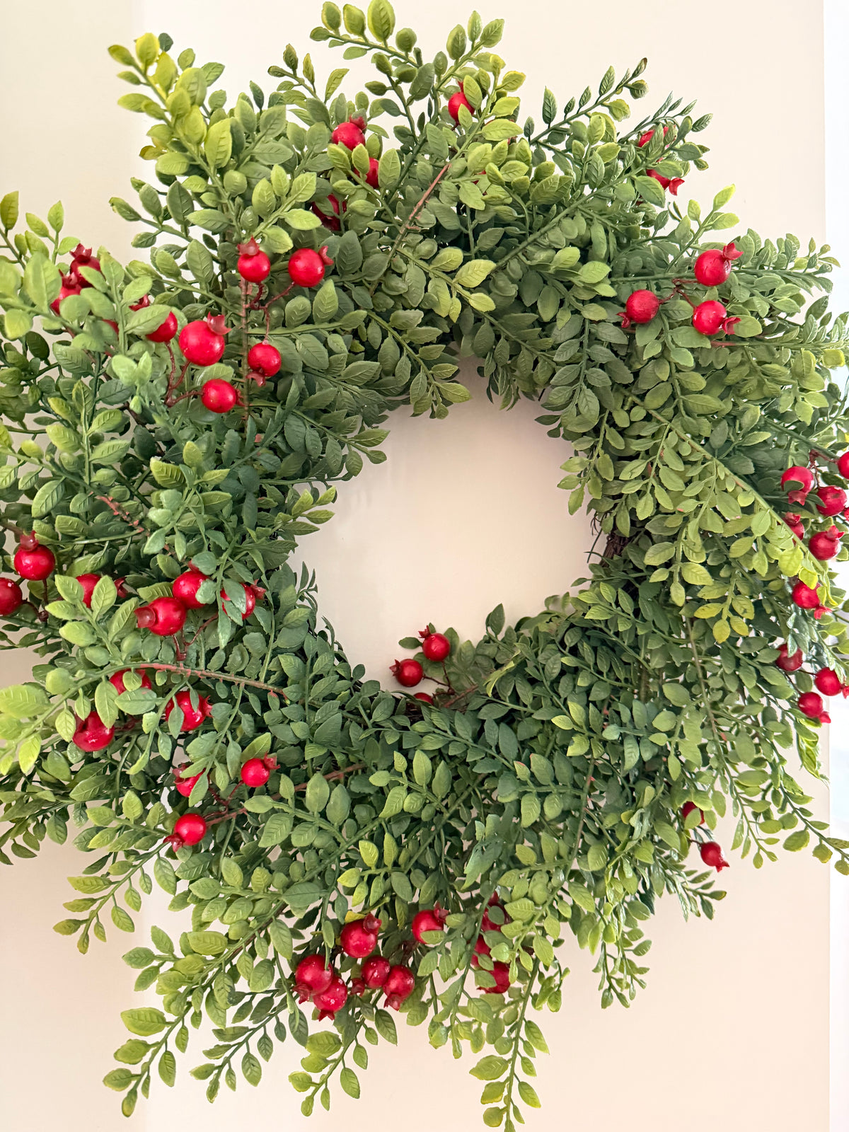 Lively Berry Bough 24” Wreath Faux Boxwood & Red Berry Christmas Classic Farmhouse Door Decor