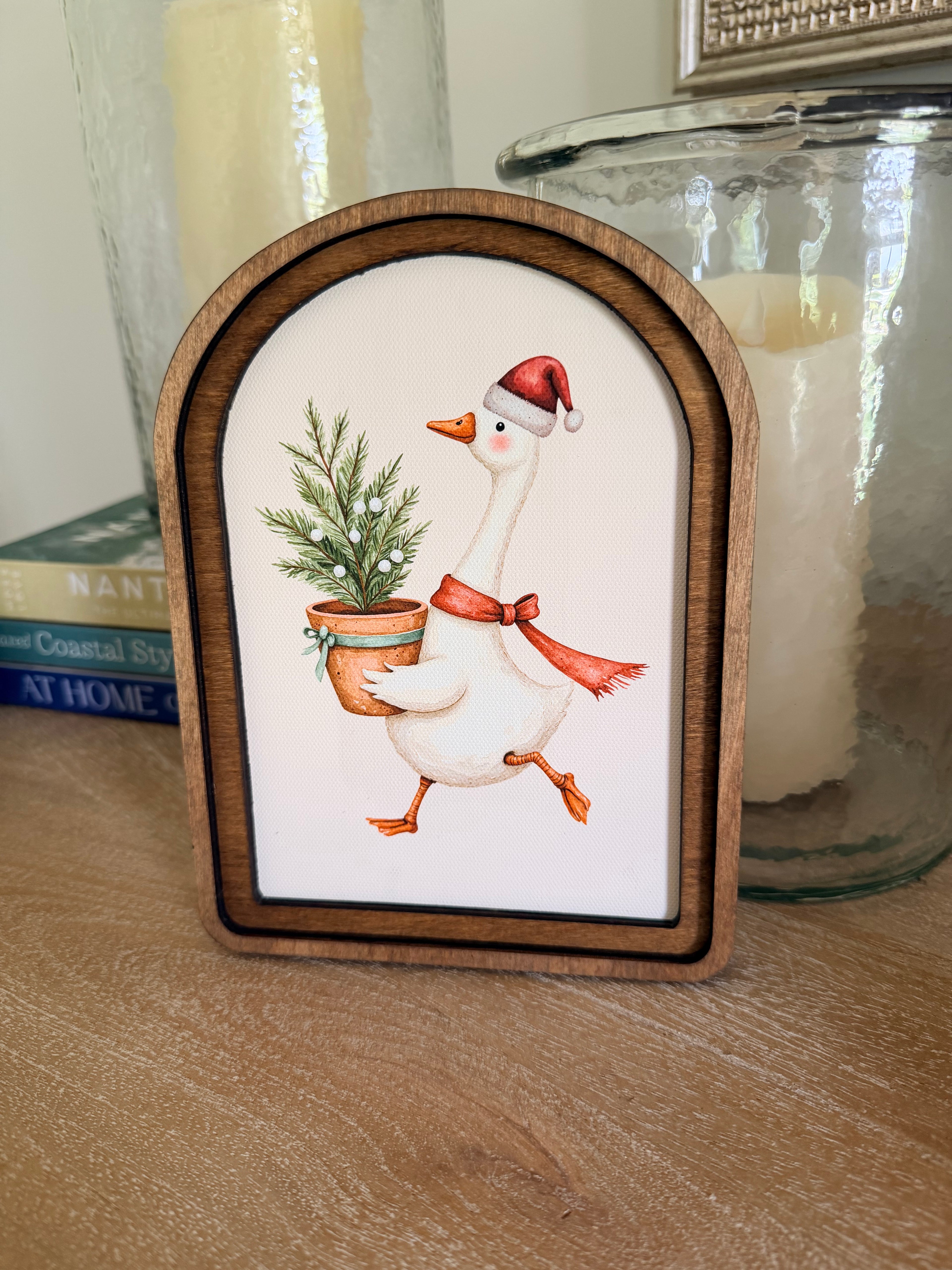 Christmas Goose With Tree White Background Arch Wood Frame Art Print 6 x 8 Whimsical Holiday Decor