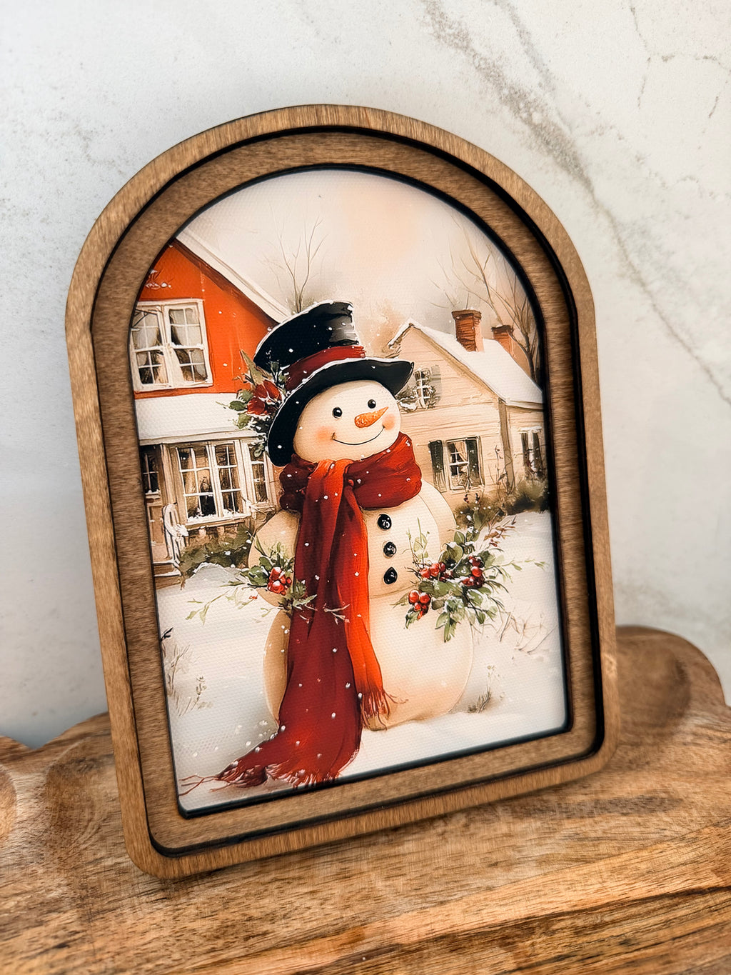 Country Snowman Arch Wood Frame Art Print 6 x 8 Vintage Style Christmas Village