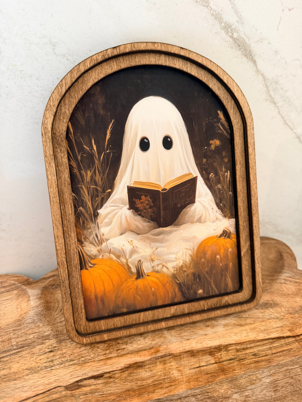 Whimsical Ghost Reading Book Arch Wood Frame Art Print 6 x 8 Cute Halloween