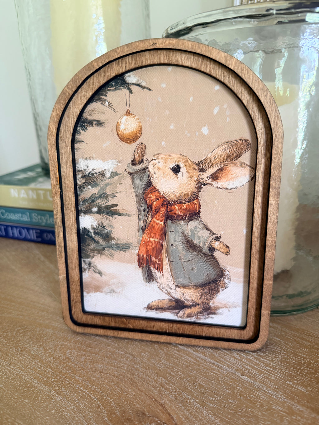 Winter Bunny Ornament Arch Wood Frame Art Print 6 x 8 Vintage Style Christmas Rabbit Whimsical