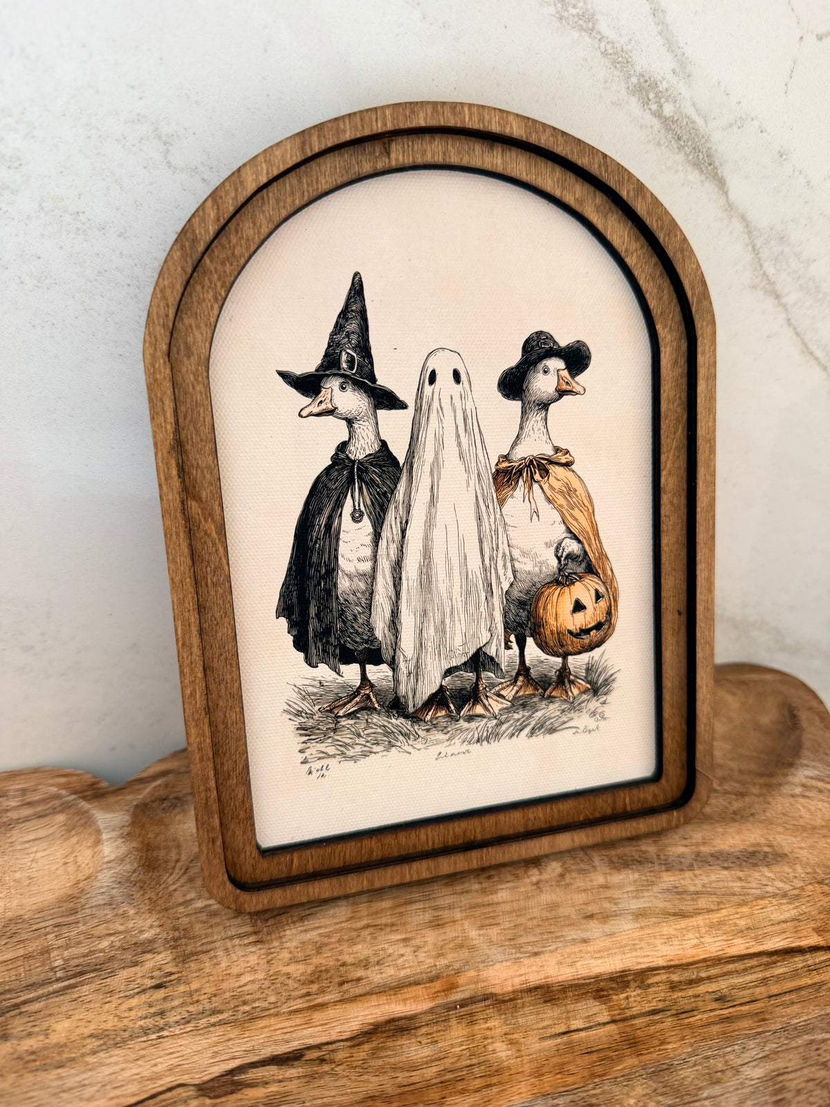 Trick or Treating Geese Arch Wood Frame Art Print 6 x 8 Vintage Halloween Costume