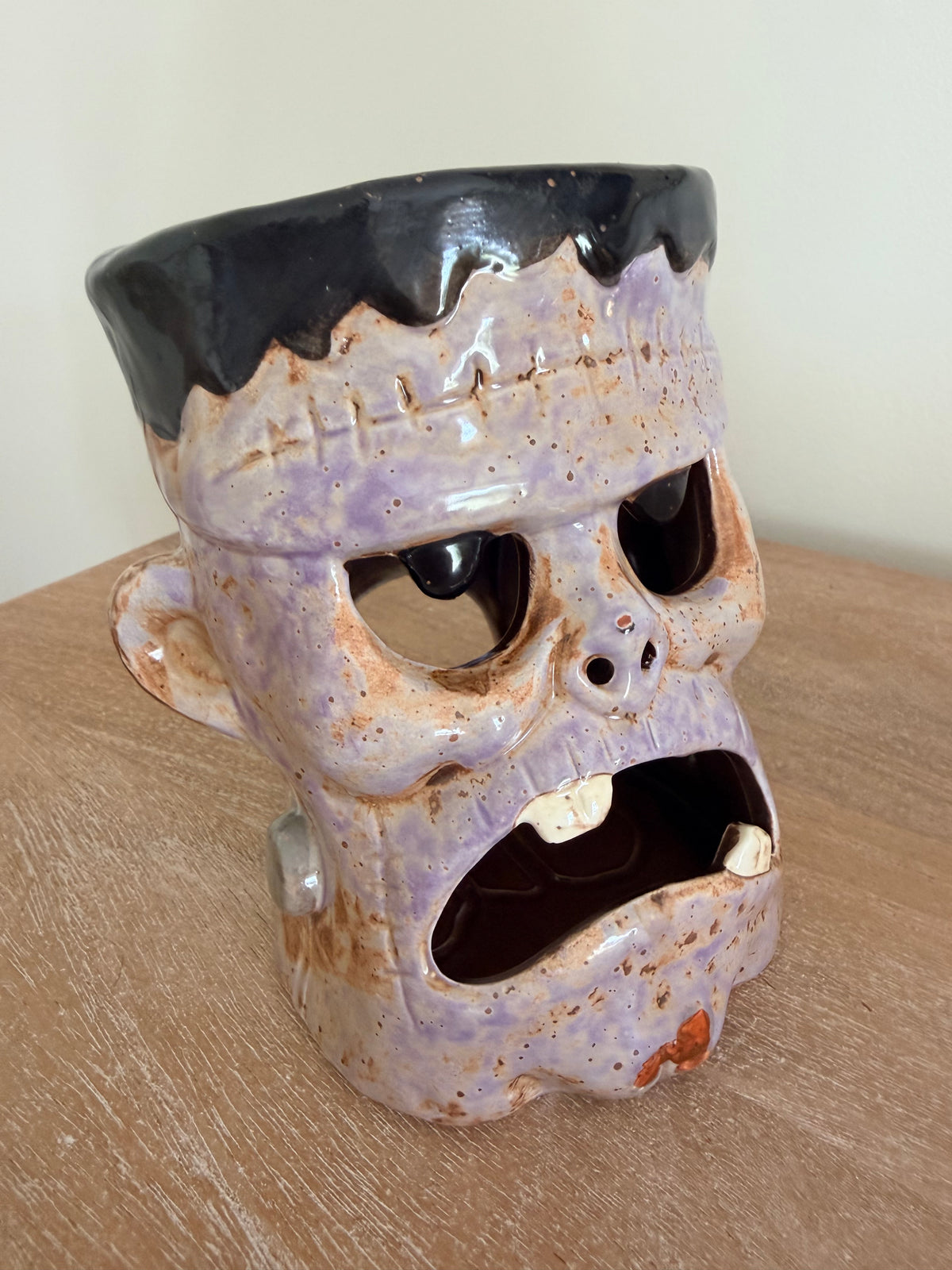 Whimsical Ceramic Monster Head 6.5” Fun Halloween Tea Light Holder Tabletop Decor