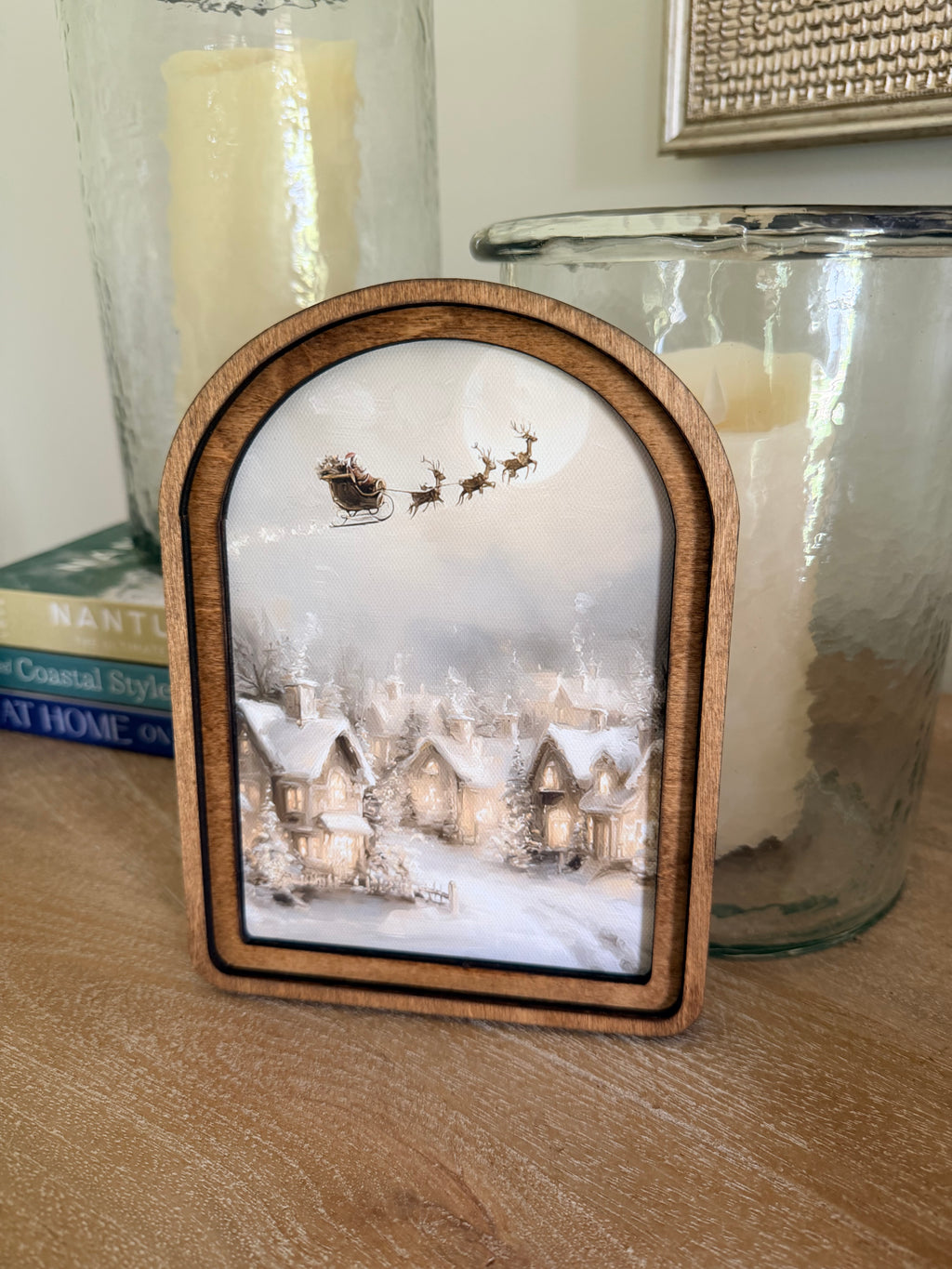 Santa’s Sleigh Over Snowy Village Arch Wood Frame Art Print 6 x 8 Vintage Style Christmas Decor