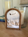 Santa’s Sleigh Over Snowy Village Arch Wood Frame Art Print 6 x 8 Vintage Style Christmas Decor