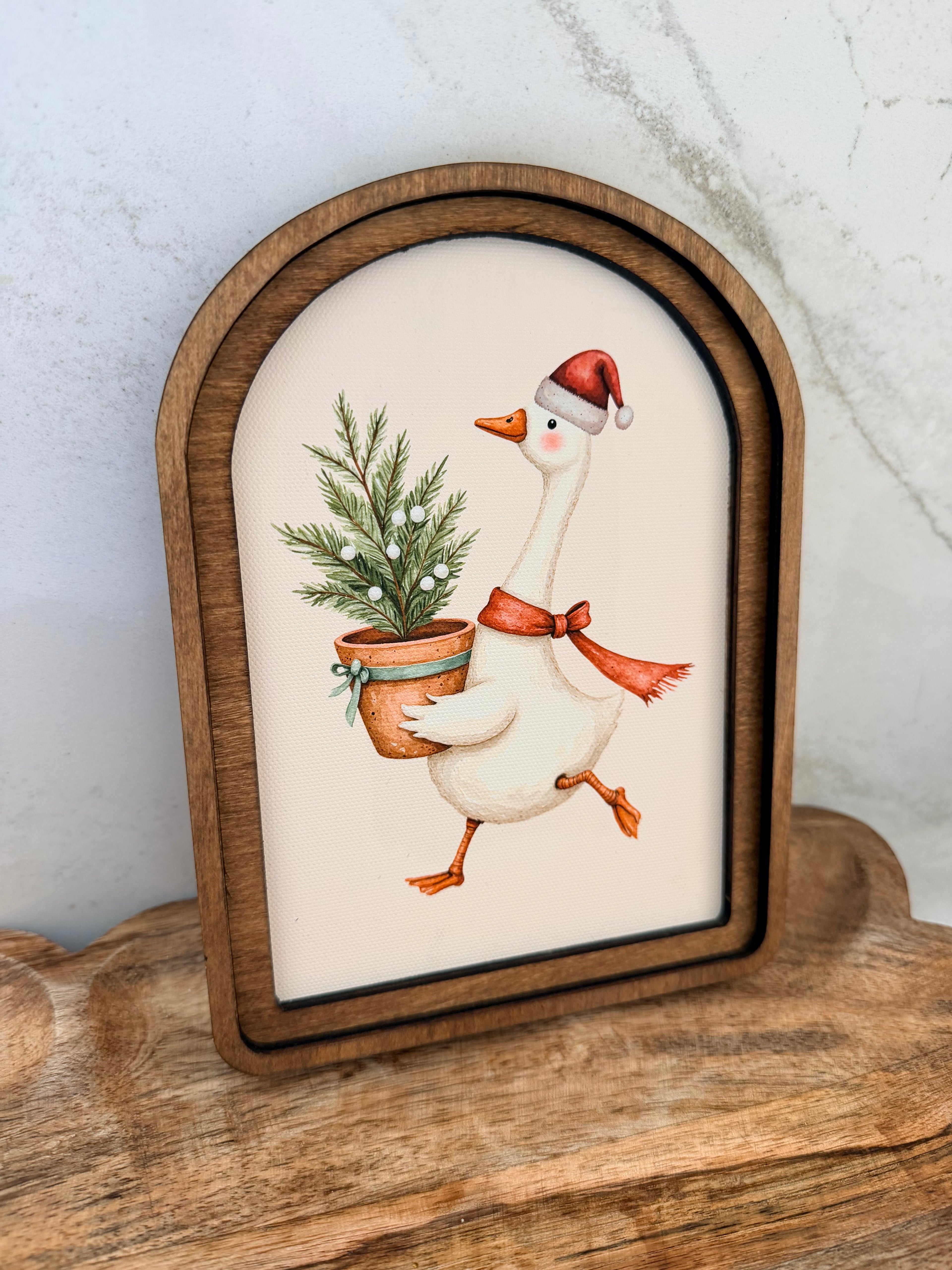 Christmas Goose With Tree White Background Arch Wood Frame Art Print 6 x 8 Whimsical Holiday Decor