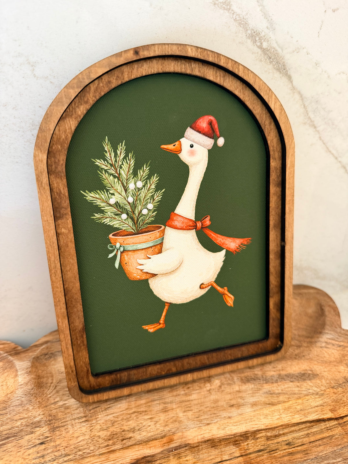 Christmas Goose With Tree Green Background Arch Wood Frame Art Print 6 x 8 Whimsical Holiday Decor