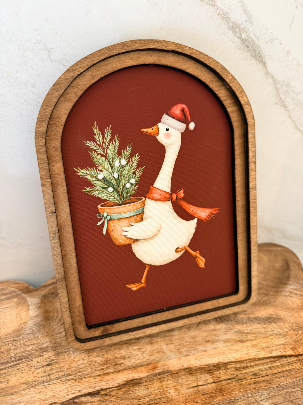 Christmas Goose With Tree Red Background Arch Wood Frame Art Print 6 x 8 Whimsical Holiday Decor