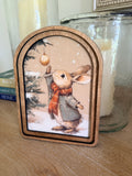 Winter Bunny Ornament Arch Wood Frame Art Print 6 x 8 Vintage Style Christmas Rabbit Whimsical