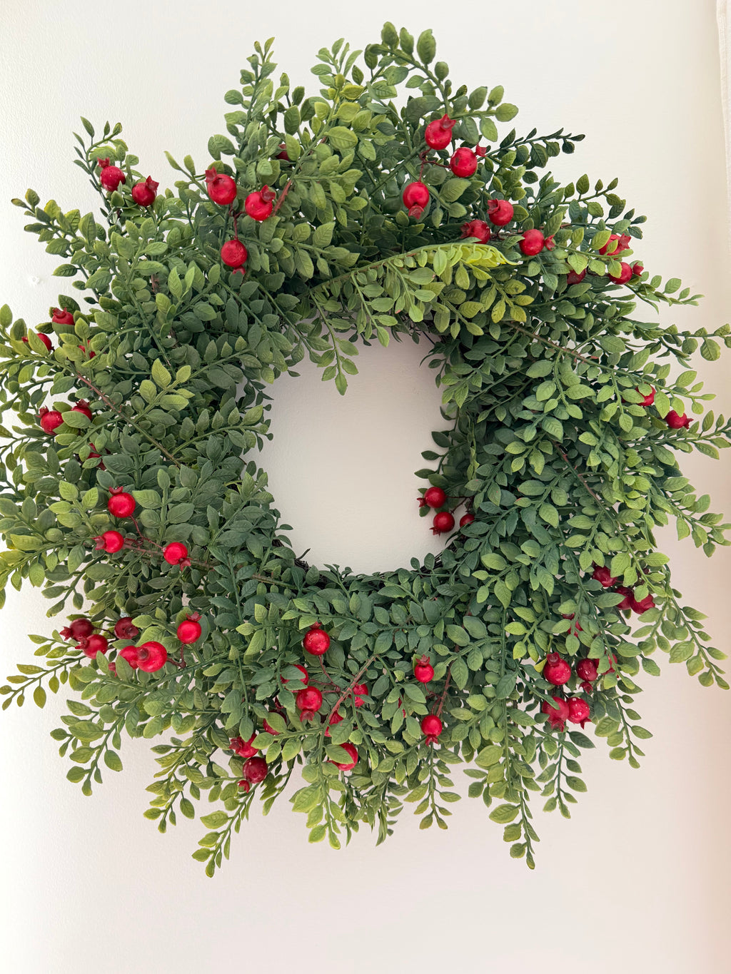 Lively Berry Bough 24” Wreath Faux Boxwood & Red Berry Christmas Classic Farmhouse Door Decor