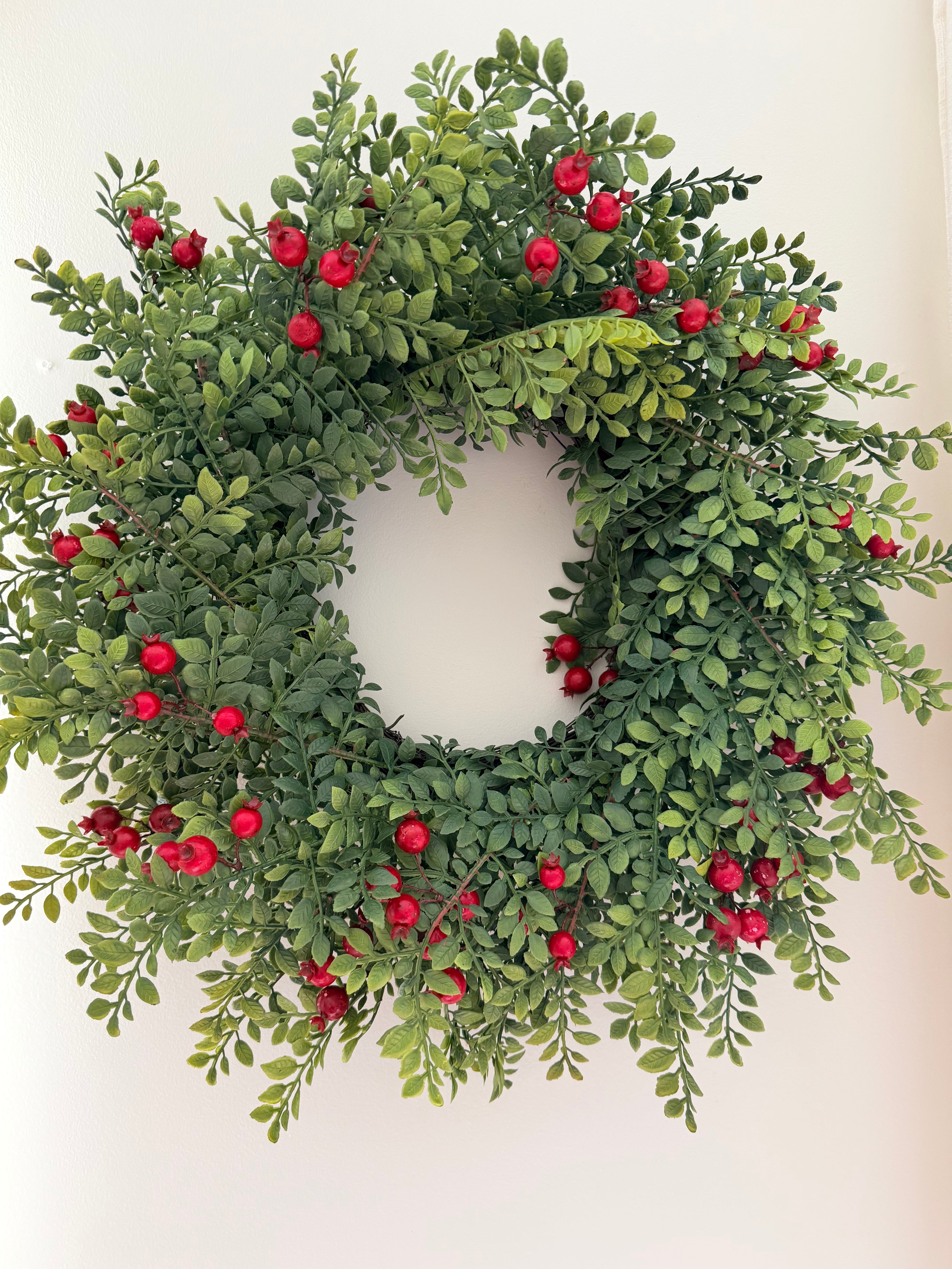 Lively Berry Bough 24” Wreath Faux Boxwood & Red Berry Christmas Classic Farmhouse Door Decor