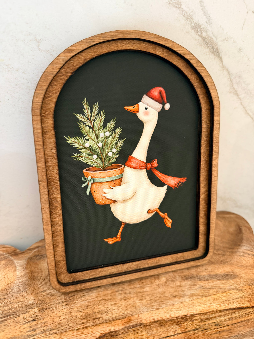 Christmas Goose With Tree Black Background Arch Wood Frame Art Print 6 x 8 Whimsical Holiday Decor