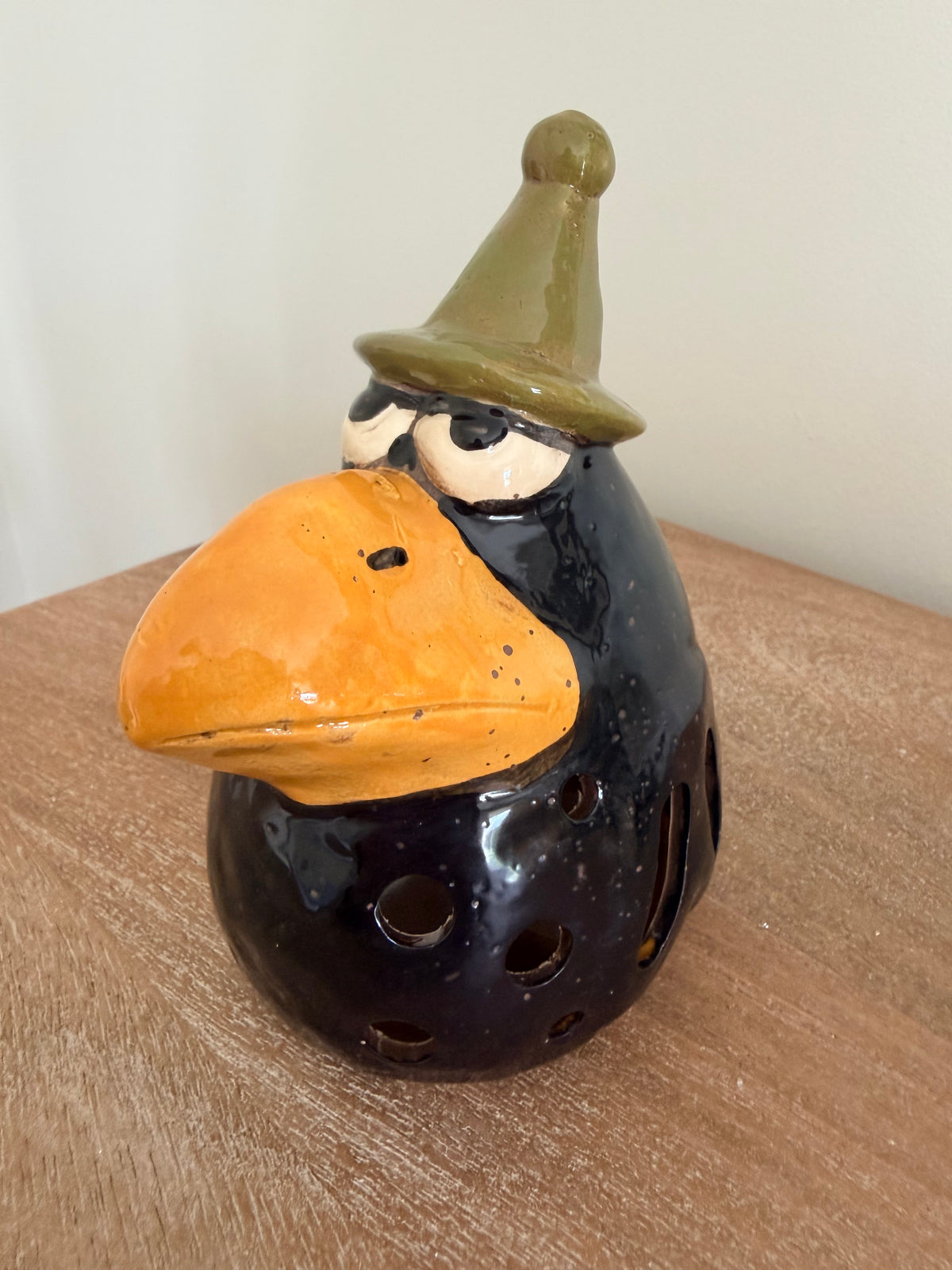 Whimsical Ceramic Crow Luminary 6” Fun Halloween Decor Tabletop