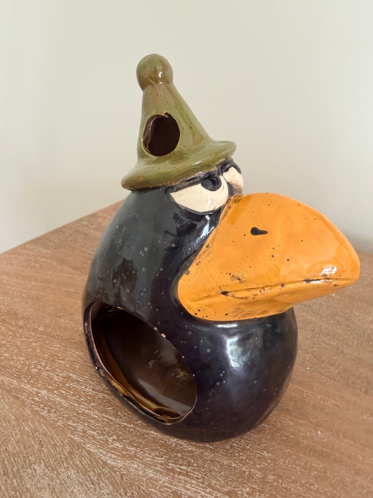 Whimsical Ceramic Crow Luminary 6” Fun Halloween Decor Tabletop