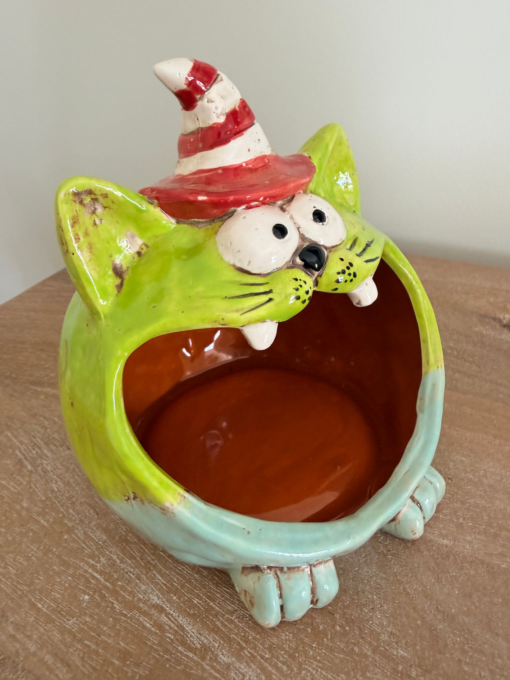 Whimsical Ceramic Cat In Hat 8” Fun Halloween Tea Light Holder Tabletop Decor