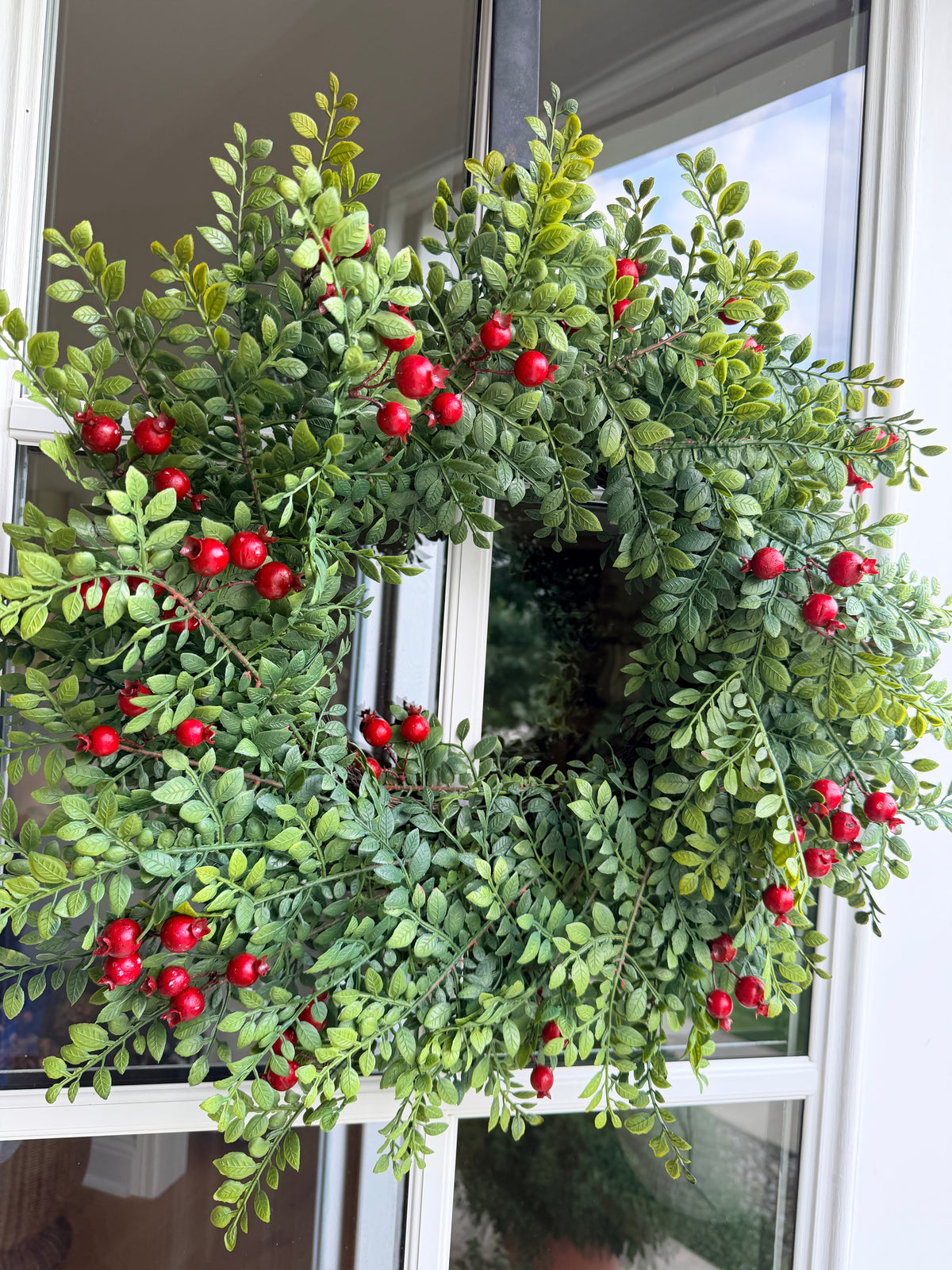 Lively Berry Bough 24” Wreath Faux Boxwood & Red Berry Christmas Classic Farmhouse Door Decor
