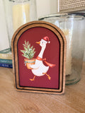 Christmas Goose With Tree Red Background Arch Wood Frame Art Print 6 x 8 Whimsical Holiday Decor