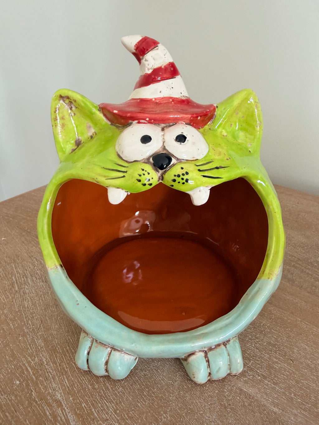 Whimsical Ceramic Cat In Hat 8” Fun Halloween Tea Light Holder Tabletop Decor