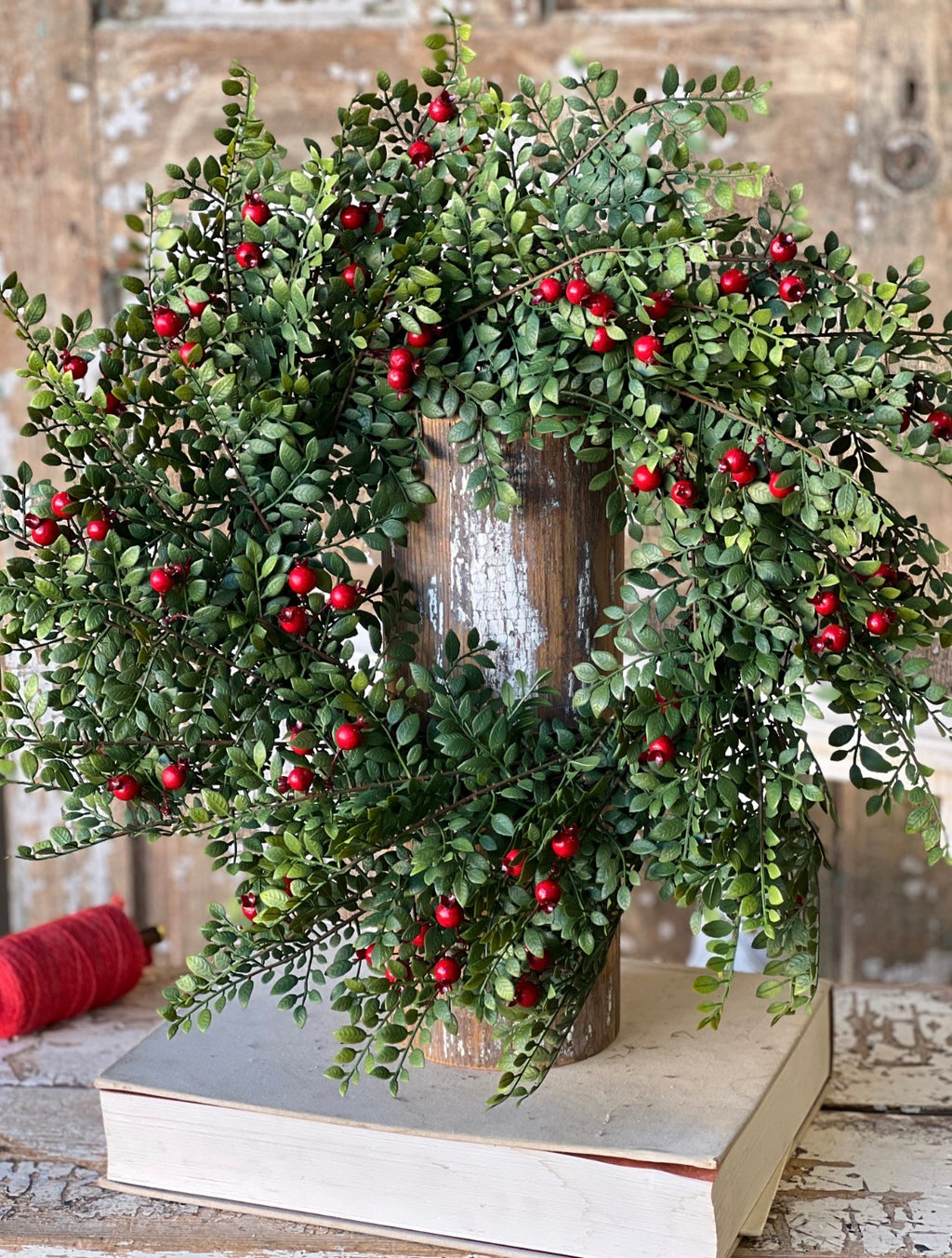 Lively Berry Bough 24” Wreath Faux Boxwood & Red Berry Christmas Classic Farmhouse Door Decor