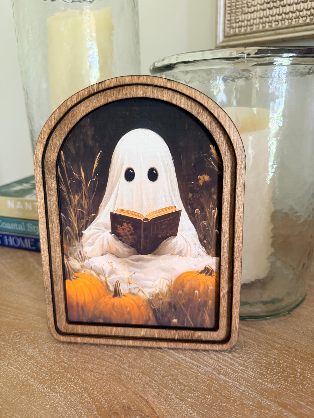 Whimsical Ghost Reading Book Arch Wood Frame Art Print 6 x 8 Cute Halloween