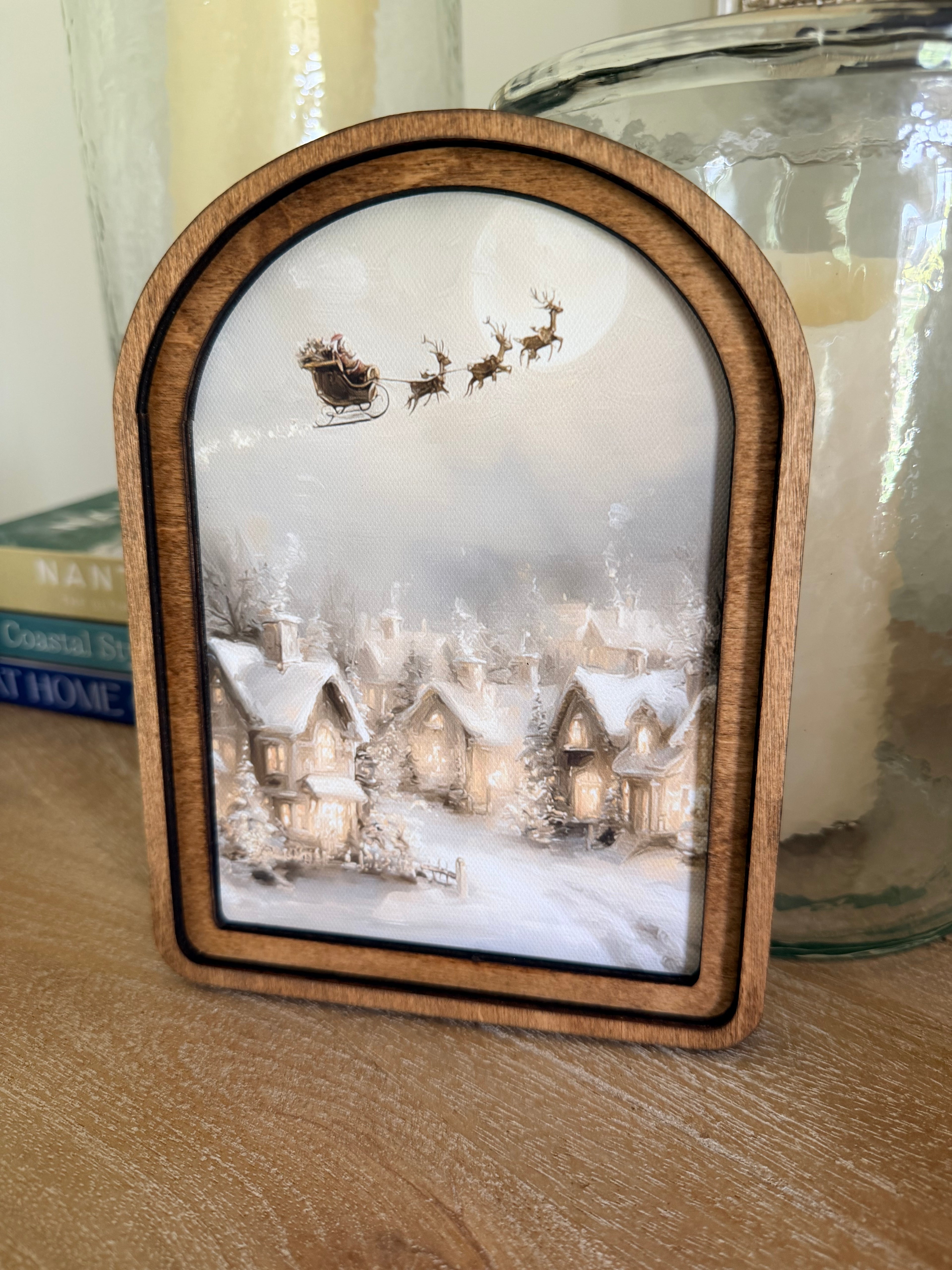 Santa’s Sleigh Over Snowy Village Arch Wood Frame Art Print 6 x 8 Vintage Style Christmas Decor