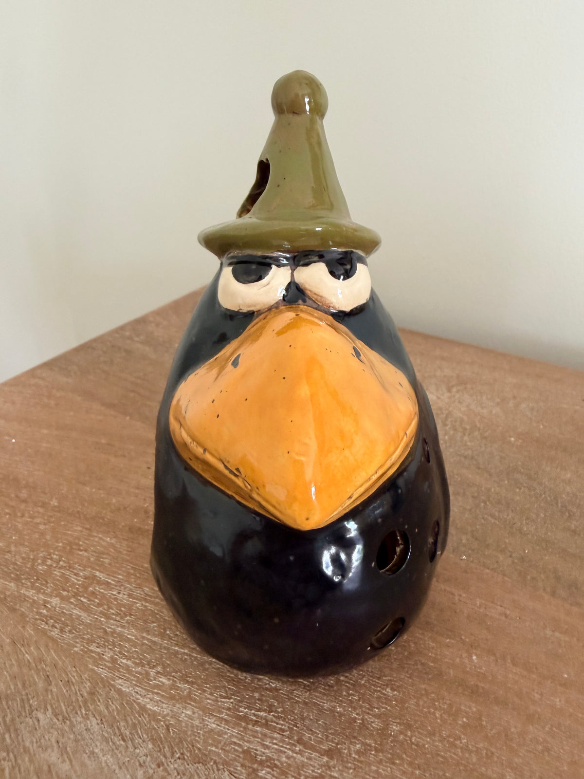 Whimsical Ceramic Crow Luminary 6” Fun Halloween Decor Tabletop