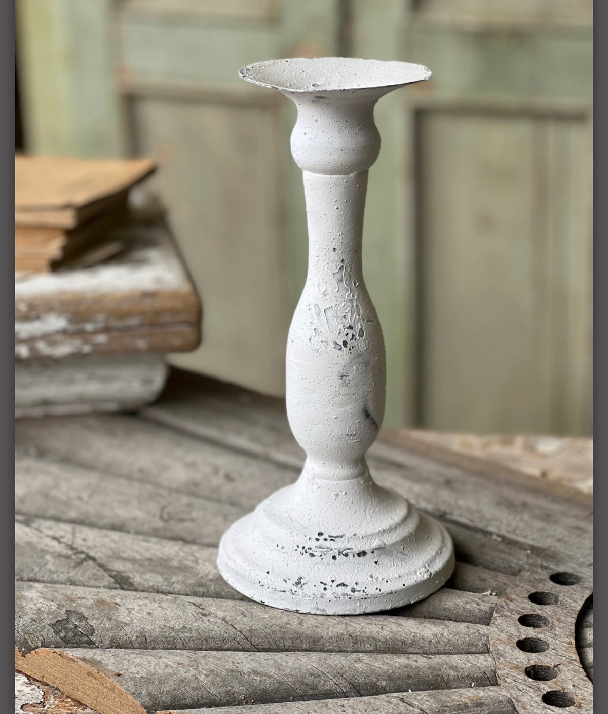 10” Alette Cream Metal Taper Candle Holder Distressed Vintage Farmhouse