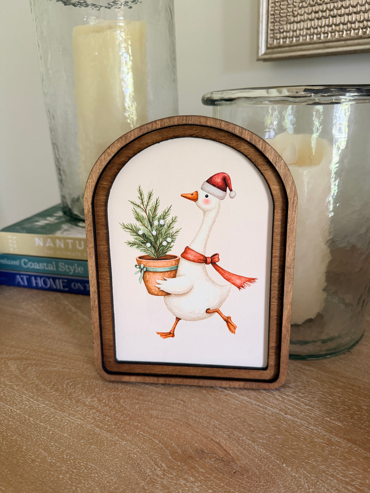 Christmas Goose With Tree White Background Arch Wood Frame Art Print 6 x 8 Whimsical Holiday Decor