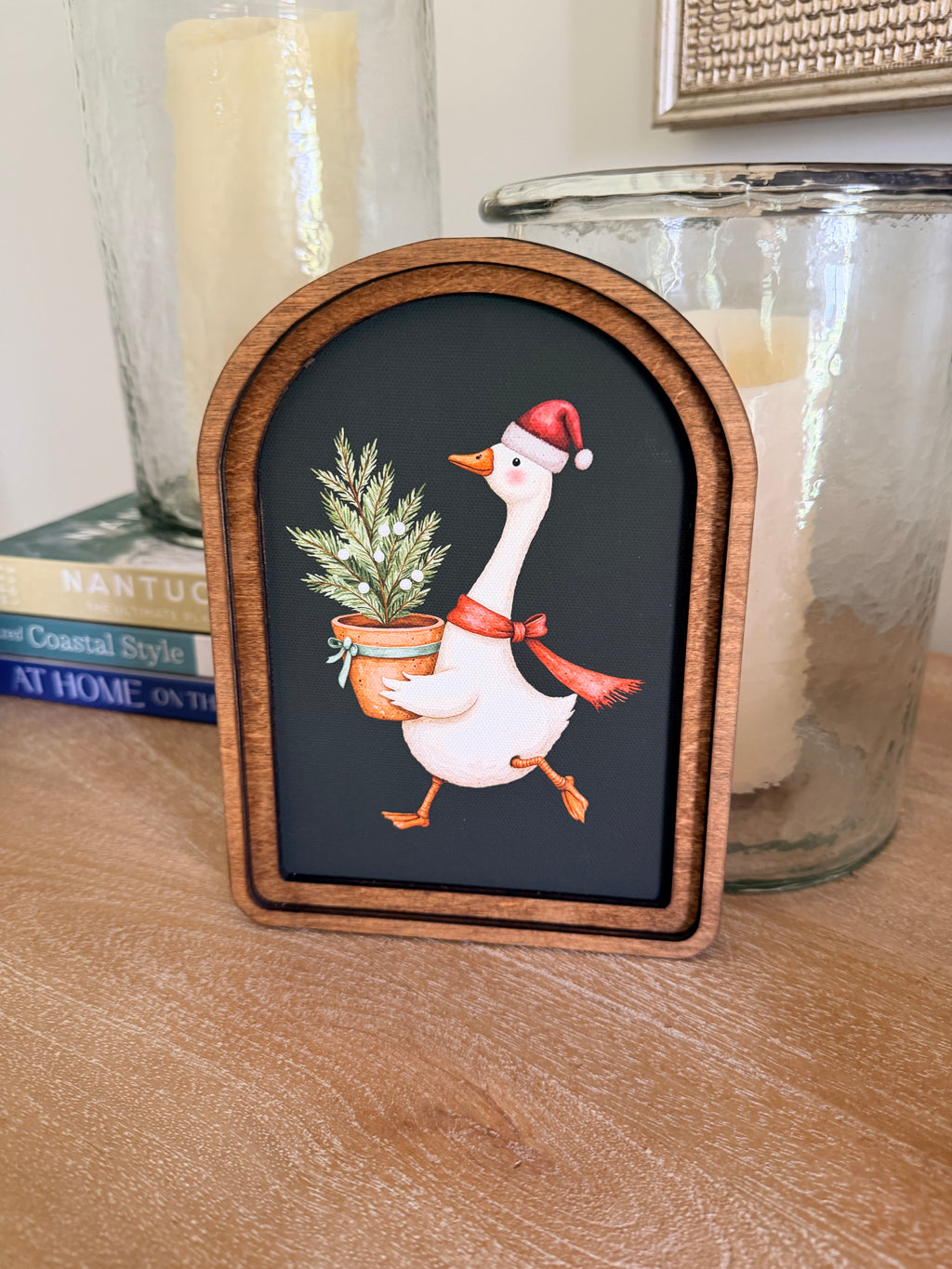 Christmas Goose With Tree Black Background Arch Wood Frame Art Print 6 x 8 Whimsical Holiday Decor
