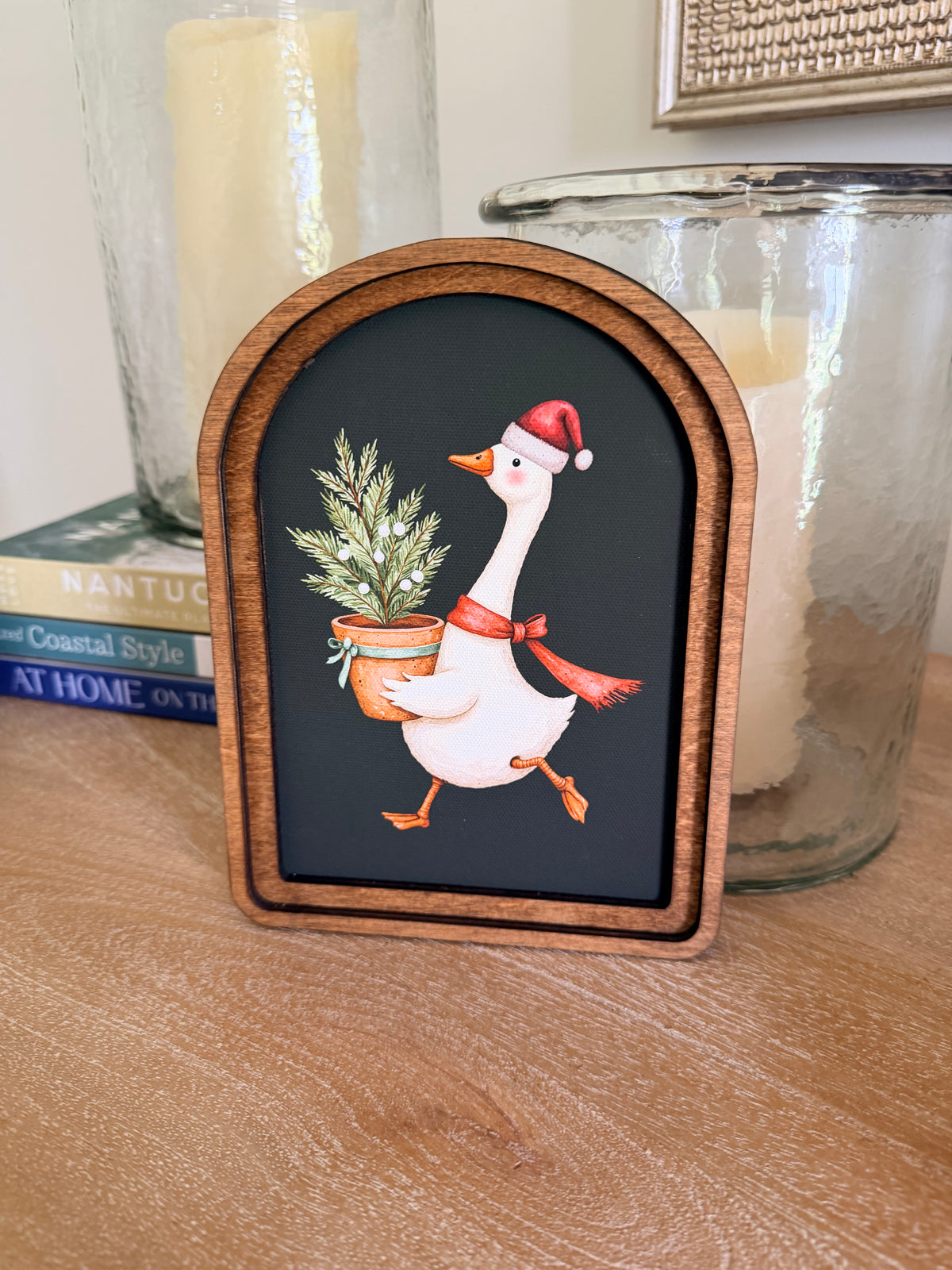 Christmas Goose With Tree Black Background Arch Wood Frame Art Print 6 x 8 Whimsical Holiday Decor