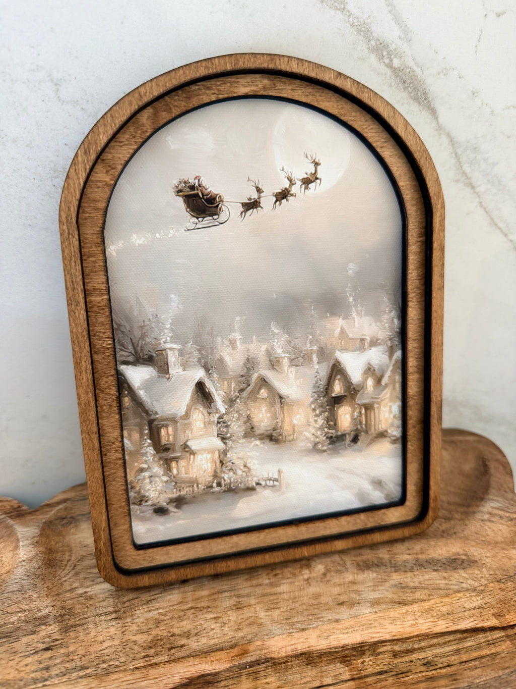 Santa’s Sleigh Over Snowy Village Arch Wood Frame Art Print 6 x 8 Vintage Style Christmas Decor