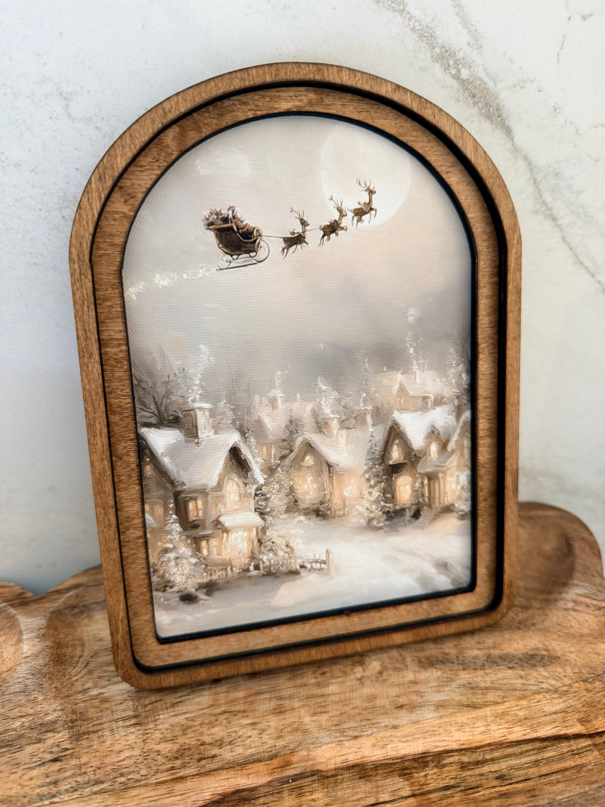 Santa’s Sleigh Over Snowy Village Arch Wood Frame Art Print 6 x 8 Vintage Style Christmas Decor