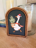 Christmas Goose With Tree Black Background Arch Wood Frame Art Print 6 x 8 Whimsical Holiday Decor