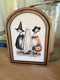 Trick or Treating Geese Arch Wood Frame Art Print 6 x 8 Vintage Halloween Costume