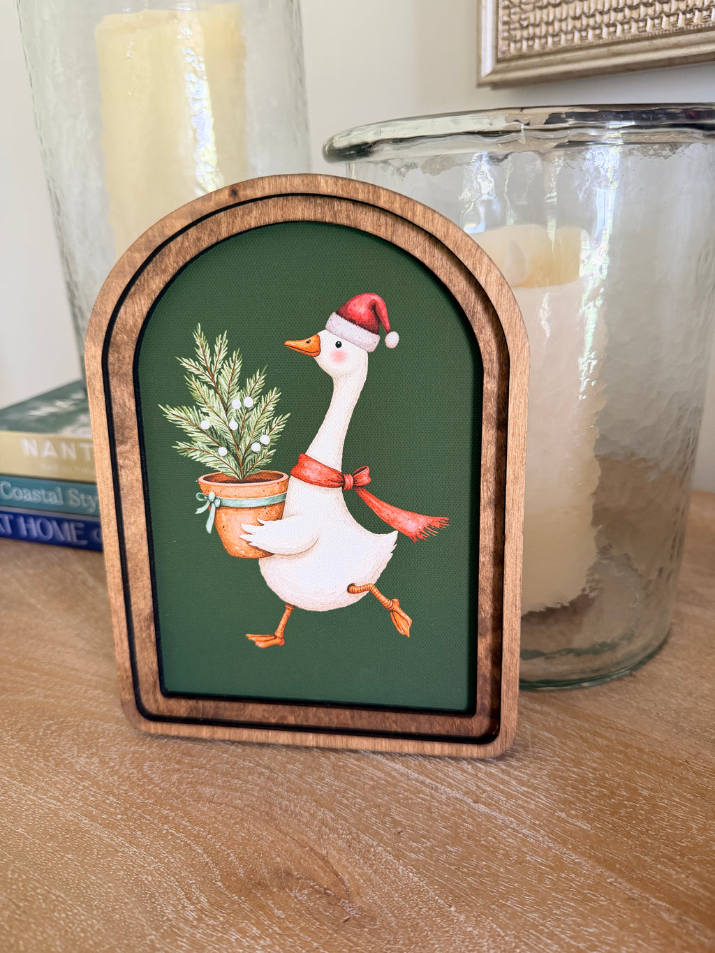 Christmas Goose With Tree Green Background Arch Wood Frame Art Print 6 x 8 Whimsical Holiday Decor
