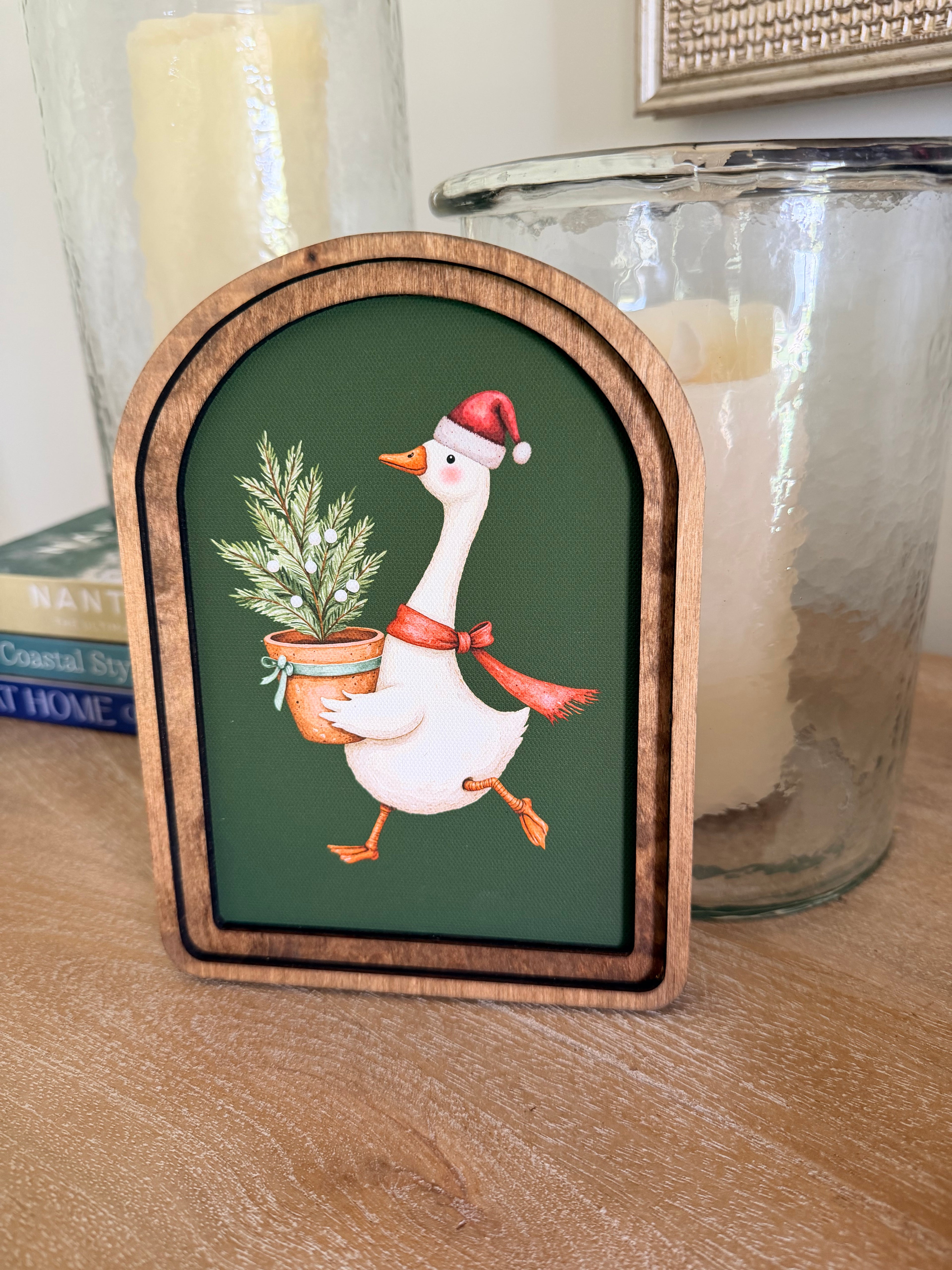 Christmas Goose With Tree Green Background Arch Wood Frame Art Print 6 x 8 Whimsical Holiday Decor